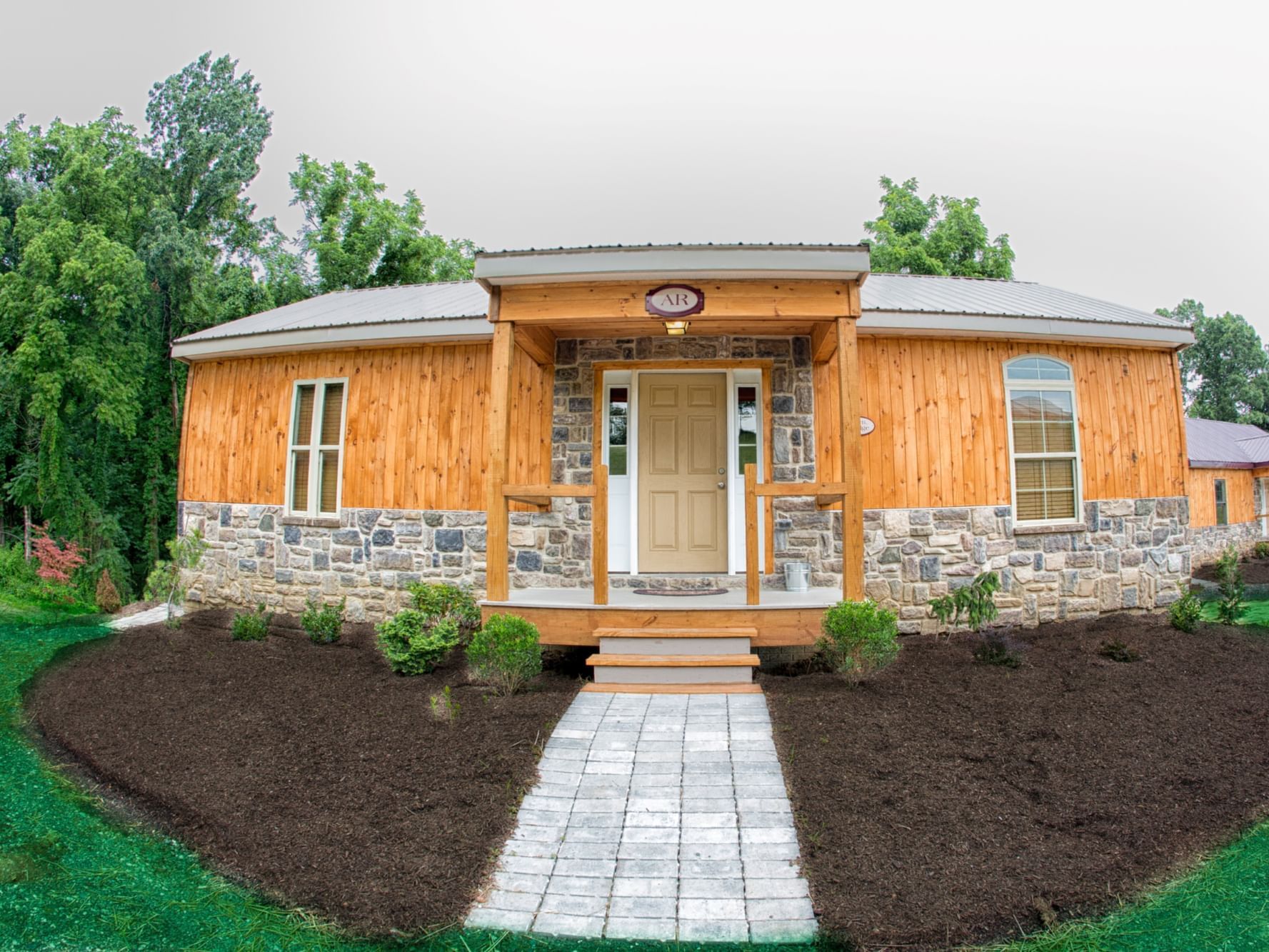 Entrance to The Glory Lodge wooden house at The Lodges at Gettysburg in PA.