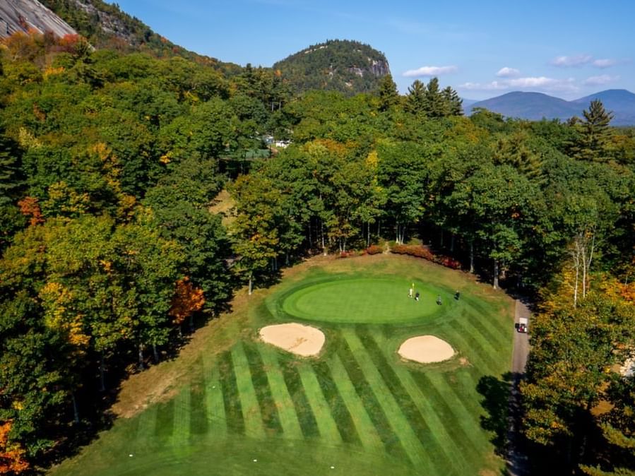 Aerial view of the 9 Hole Golf course at White Mountain Hotel