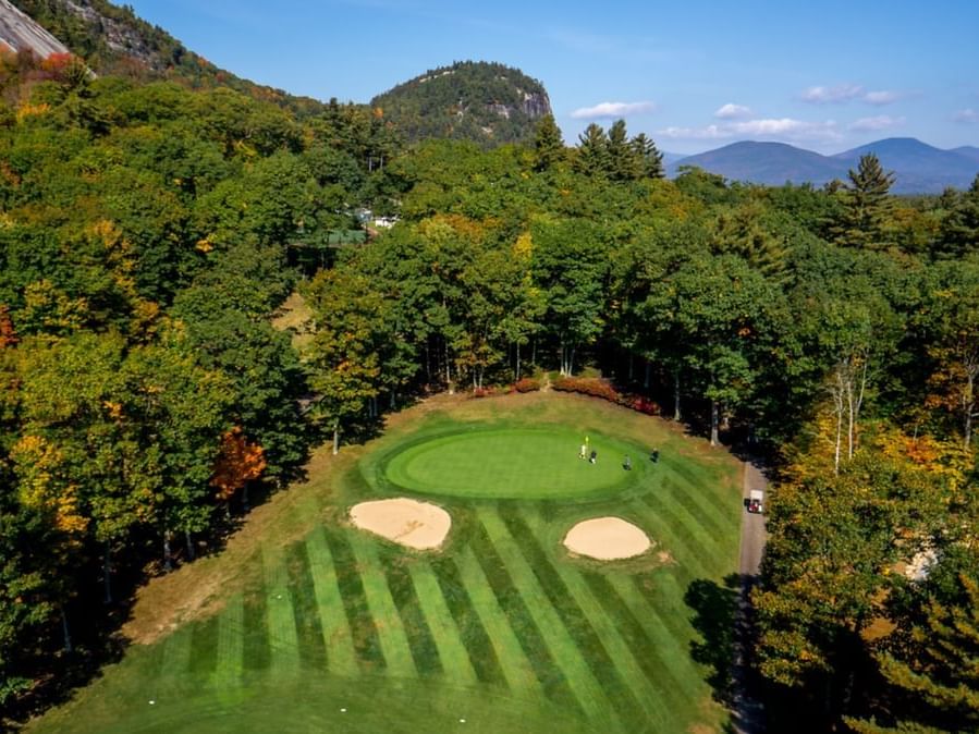 Aerial view of the 9 Hole Golf course at White Mountain Hotel