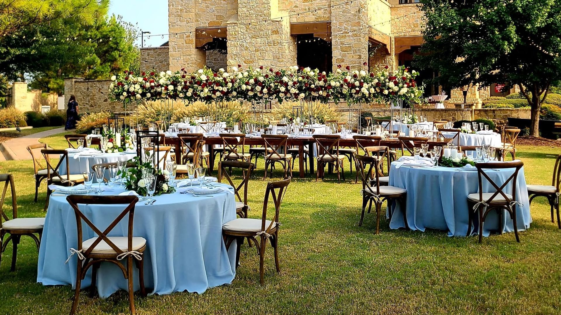 Tables arranged for a wedding ceremony in the North Patio at Shangri-La Monkey Island