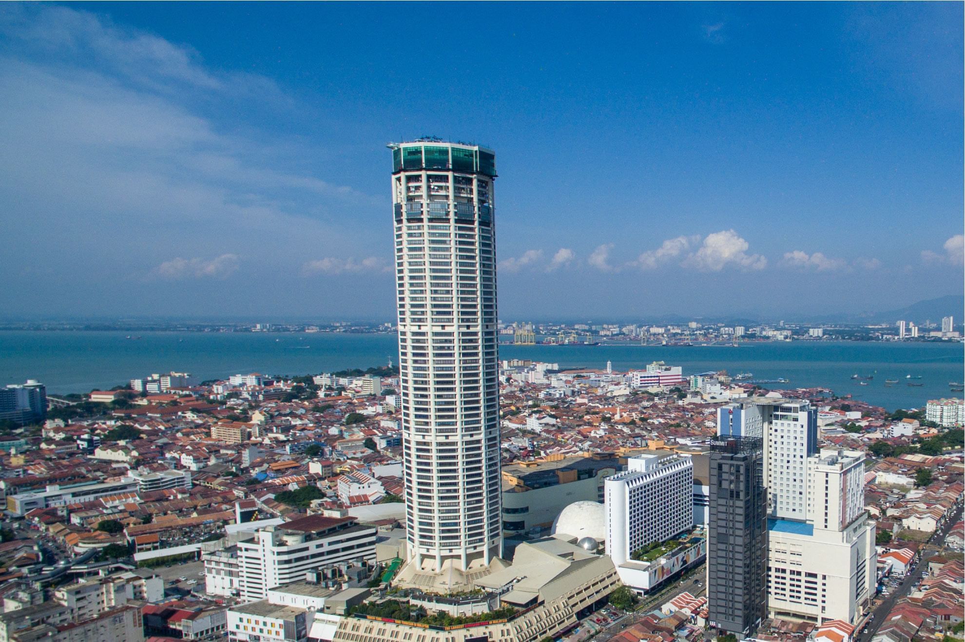 KOMTAR Tower and city view with sea near Sunway Hotel Georgetown