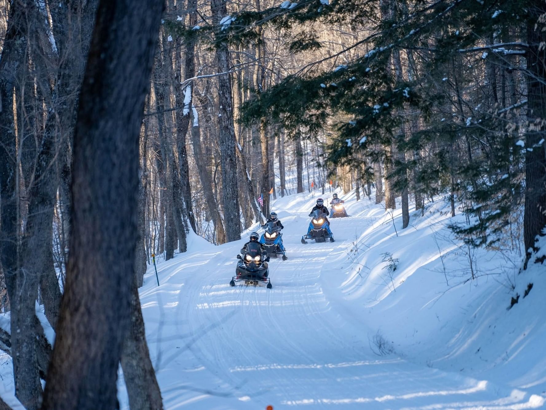 Three snowmobilers riding single file through a snowy forest trail during Stowe Snowmobile Tours