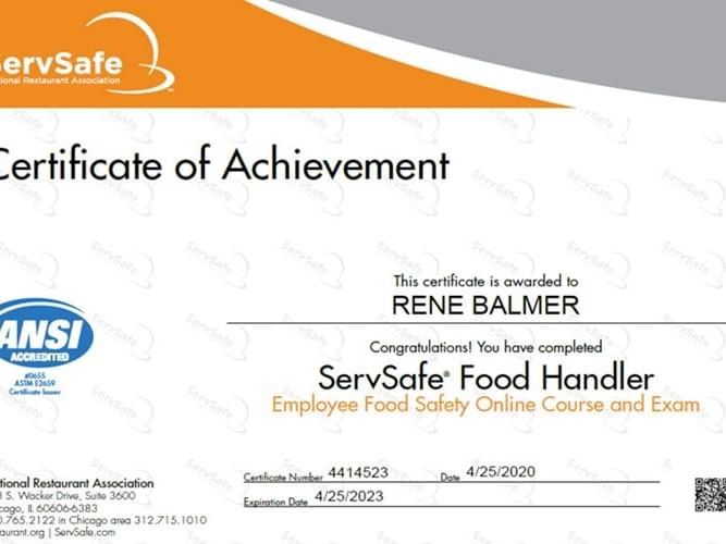 ServSafe Certificate won by Chatrium Residence Riverside