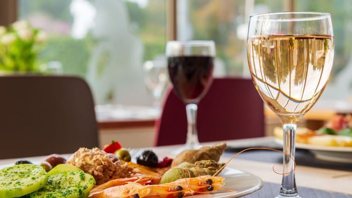 Closeup of Meals served with wine at Hotel Marseille Airport