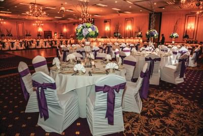 Floral banquet tables set-up in Presidential Ballroom at M Hotel Buffalo