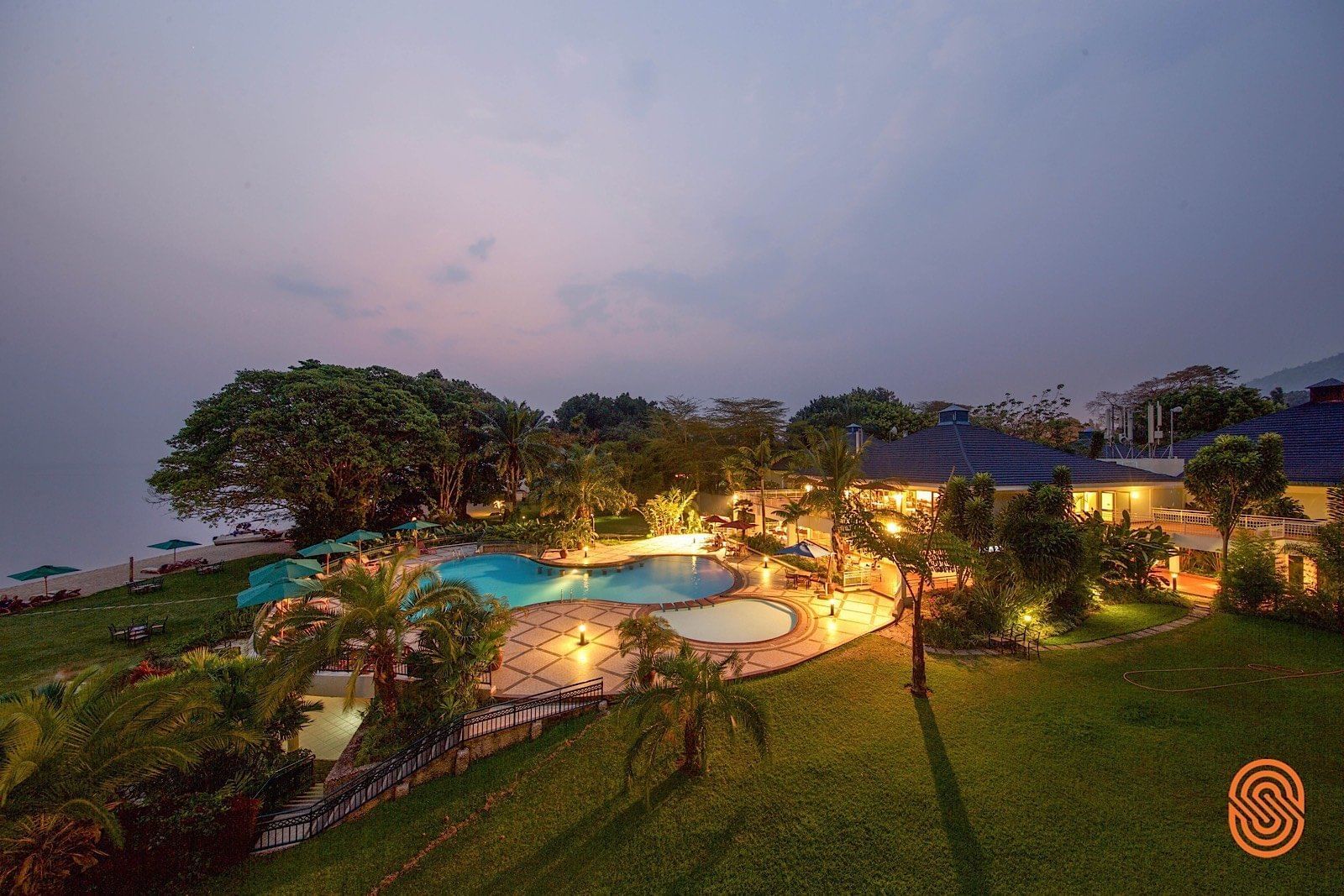 An Aerial view of the Lake Kivu Serena Hotel at night