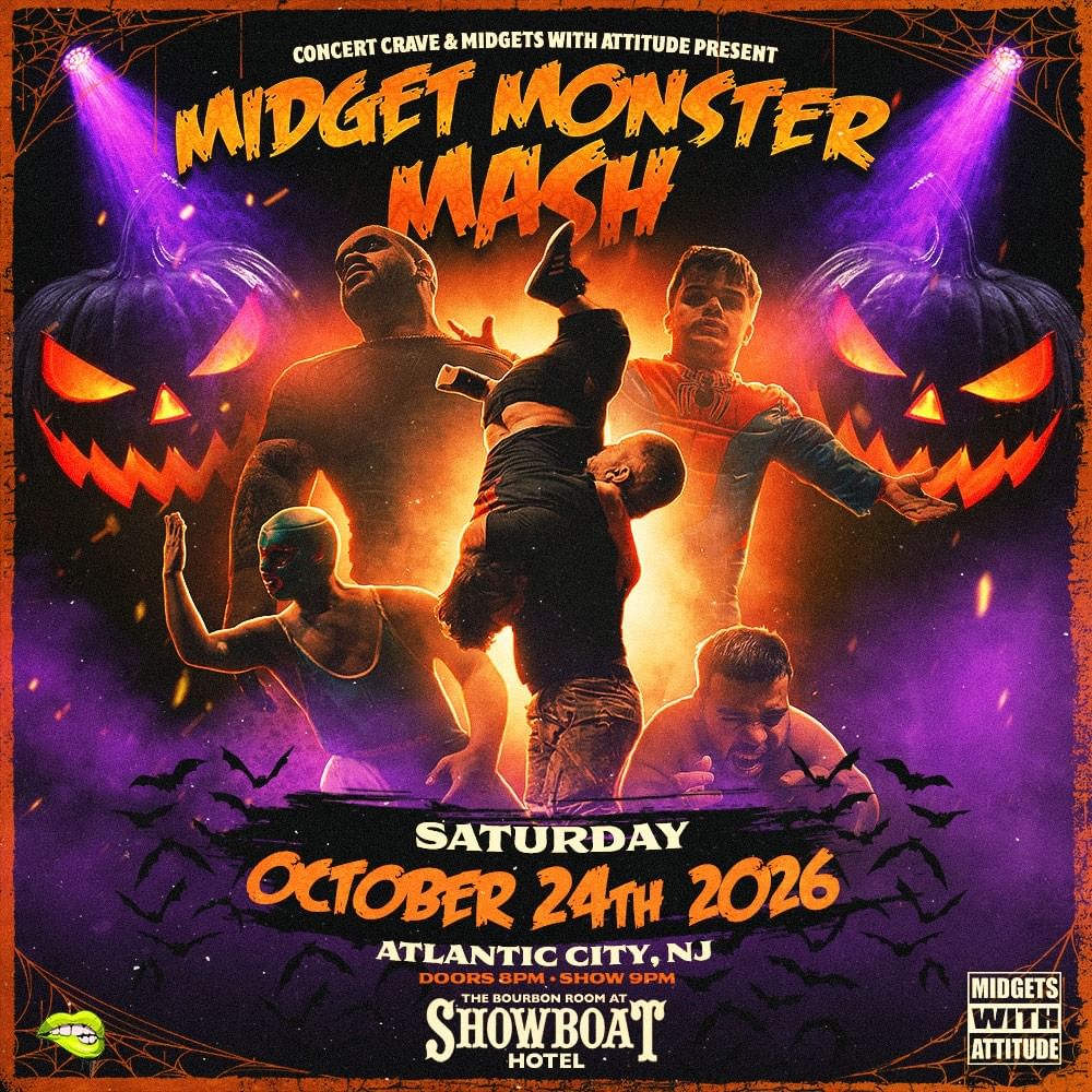 Promotional poster for Midget Monster Mash wrestling event featuring performers in action poses with Halloween-themed graphics and purple lighting.