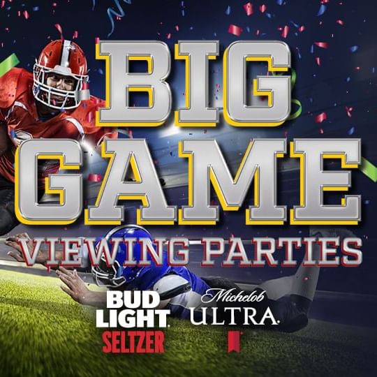 Big Game Viewing Parties Event Logo with Football Players and Stadium in Background