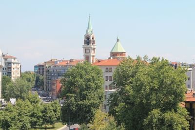 A distant aerial view of Hotel Mozart in Milan