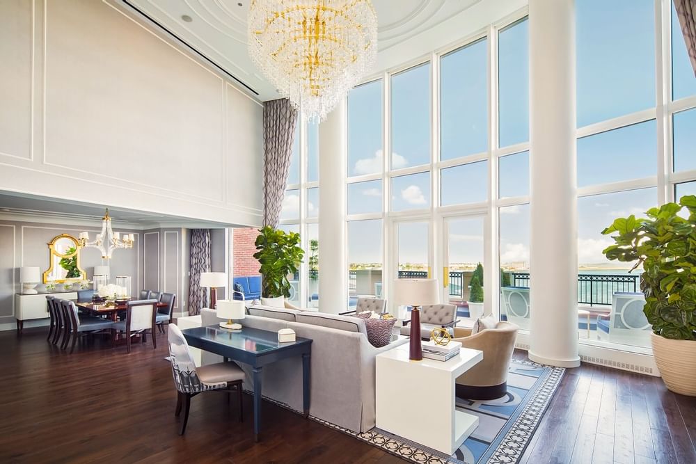 Main living space within a Boston Harbor Hotel suite