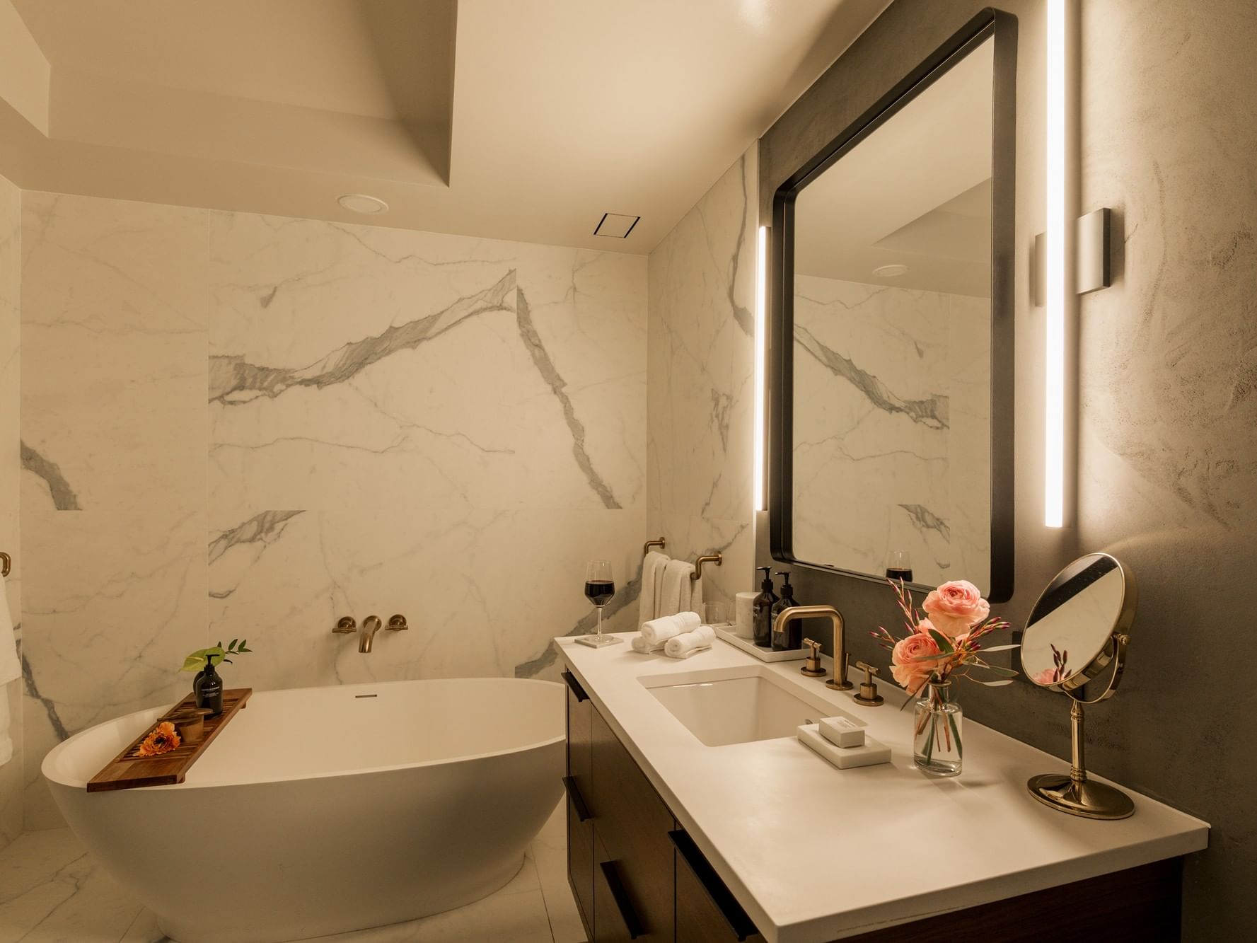 Gansevoort Meatpacking Duplex Penthouse Designed by Poliform. Second Floor full bathroom with steam shower, deep soaking tub, and Grown Alchemist amenities. 