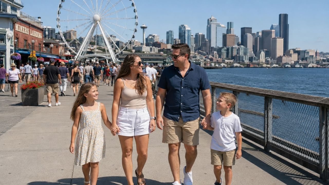 Family of four walking along Seattle waterfront with Great Wheel and city skyline in background on sunny day