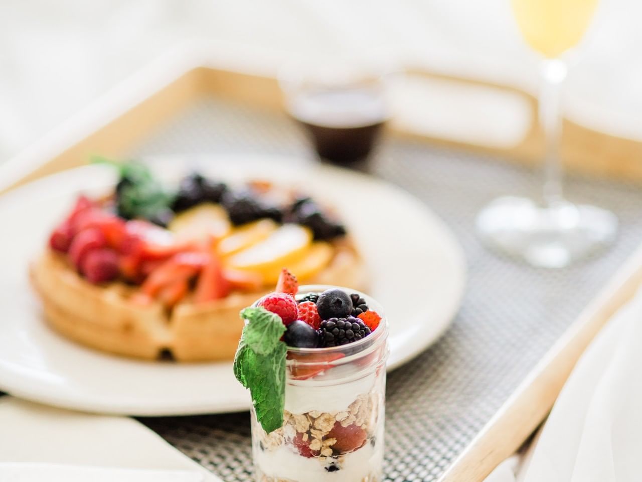 Waffle Dish Served With Drinks At Luxe Sunset Boulevard Hotel