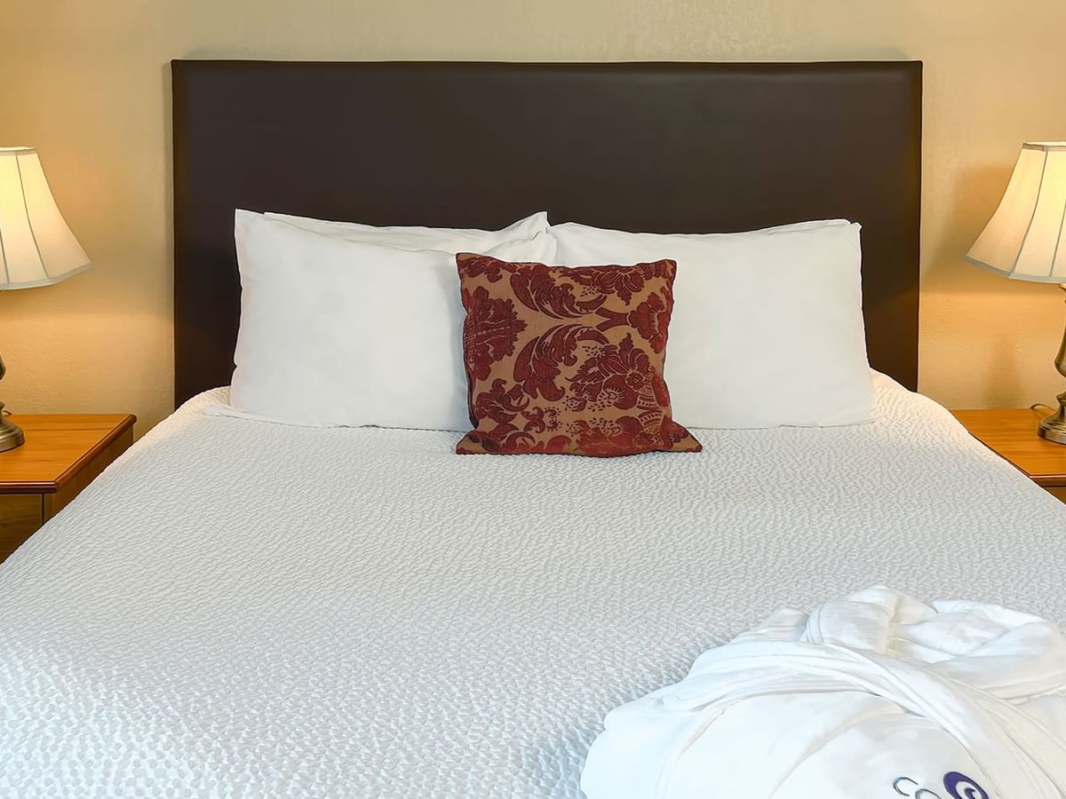 Hotel room with bed, bath robe, and lamps