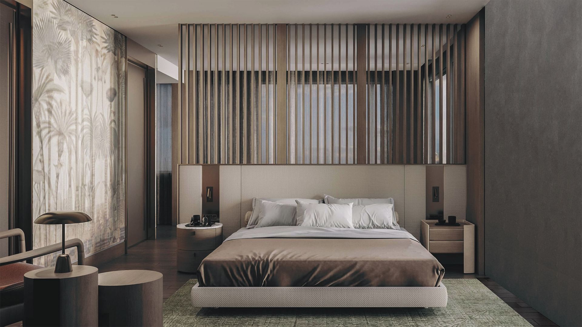 Bed by the stylish partition with side table and wooden floors in the room at Titanic Deluxe Sharm El Sheikh