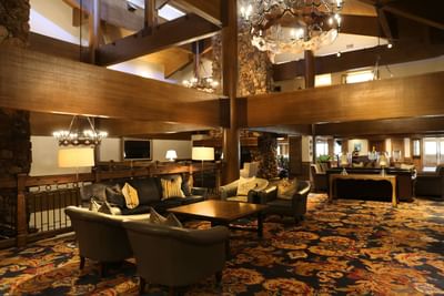Interior of lobby area with lounges at Stein Eriksen Lodge