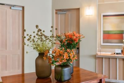 Southbridge lobby with fresh cut flowers on table