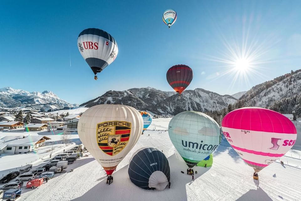 Hot air balloons in Tannheimer Valley near Liebes Rot Flueh