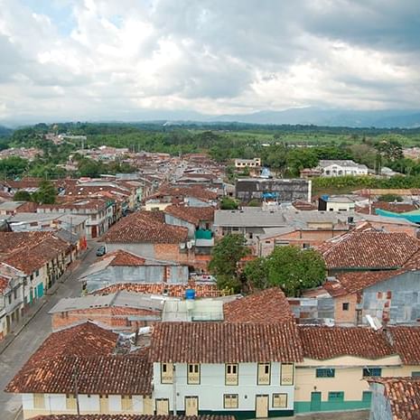 Aerial view of streets Montenegro in Colombia near DOT Hotels
