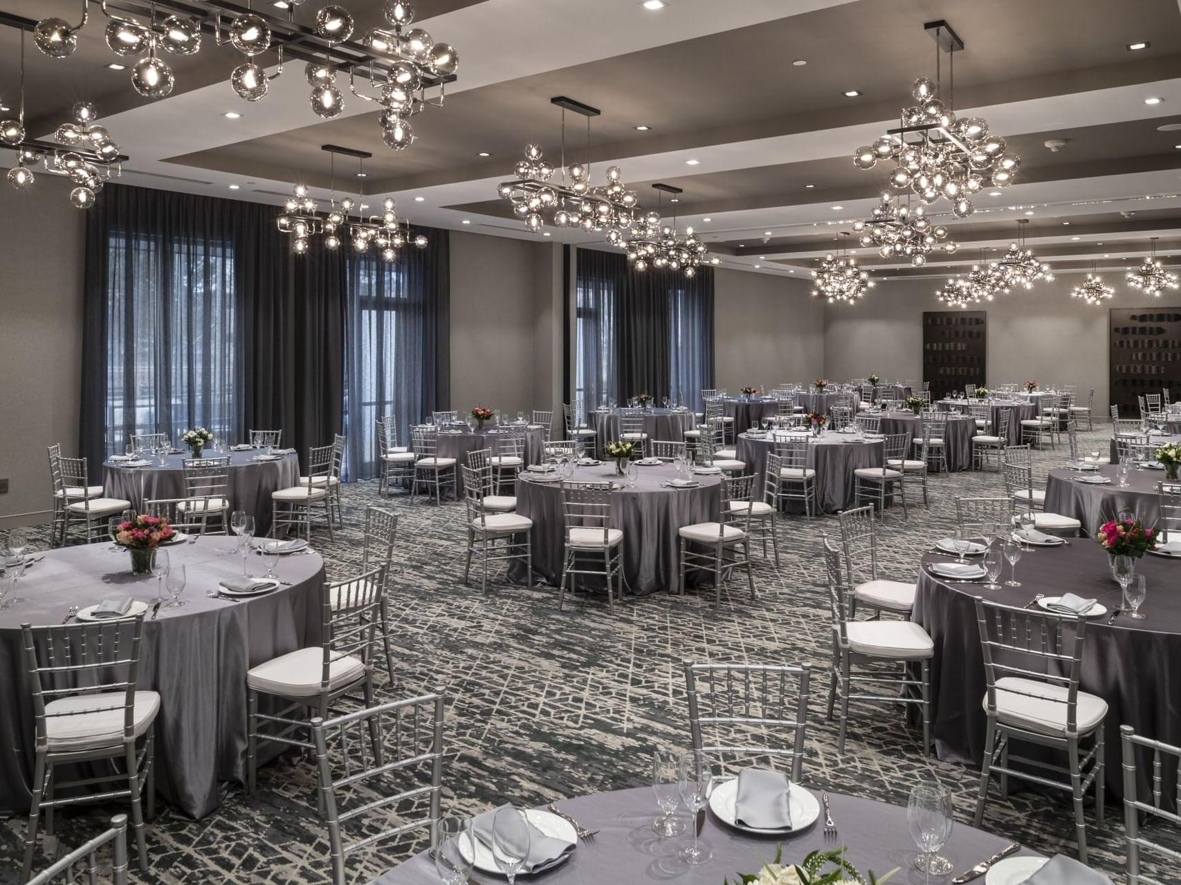 tables and chairs in a ballroom