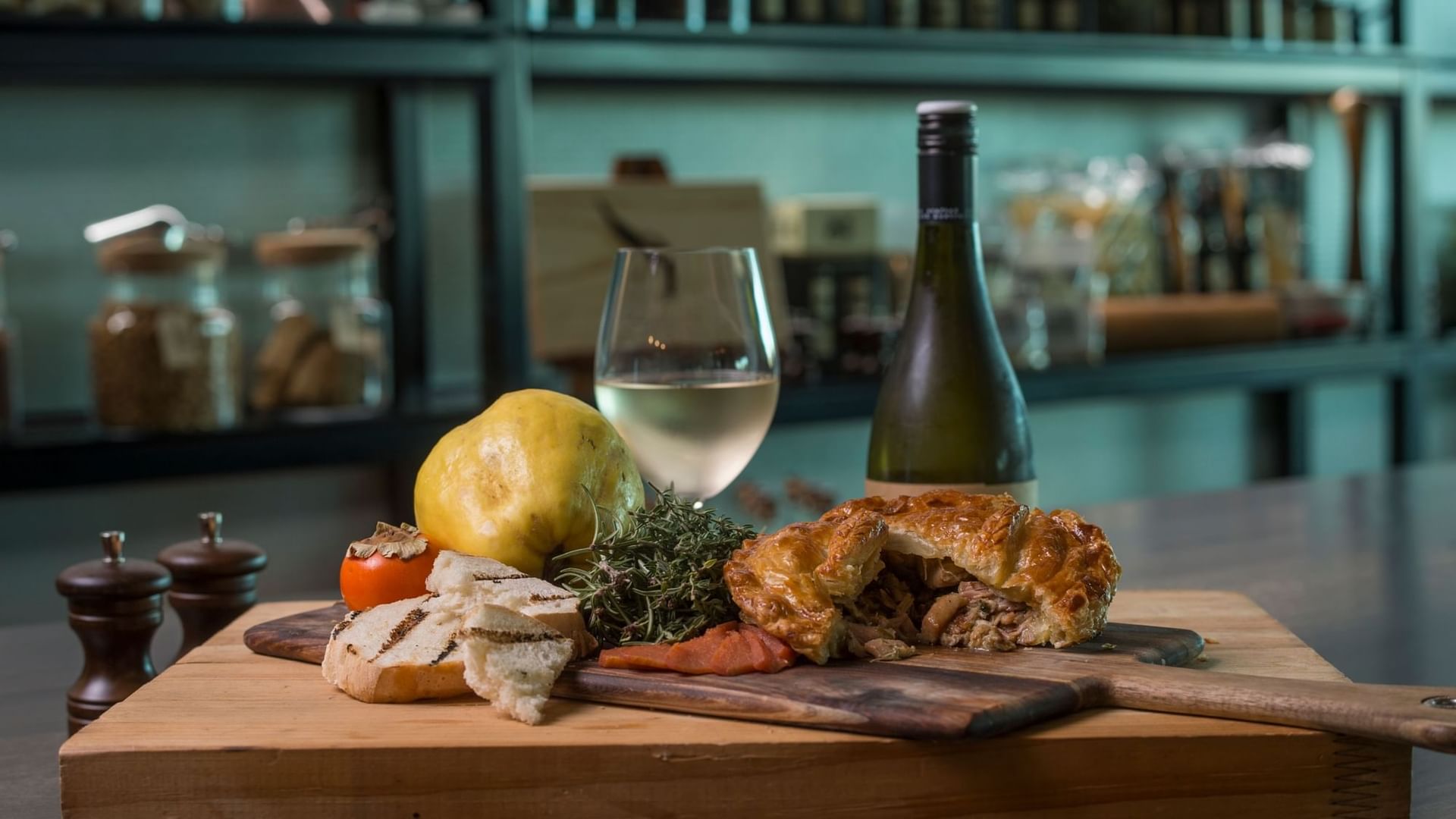 Closeup of served meal with wine at Novotel Barossa Valley