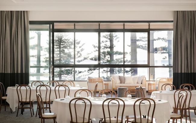 Fairy Bower at Elysium Manly featuring set dining tables with classic wooden chairs in front of large coastal windows