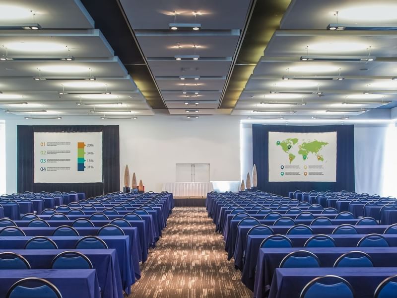 Meeting room table setup in the Salon BCDE at Fiesta Inn Hotels