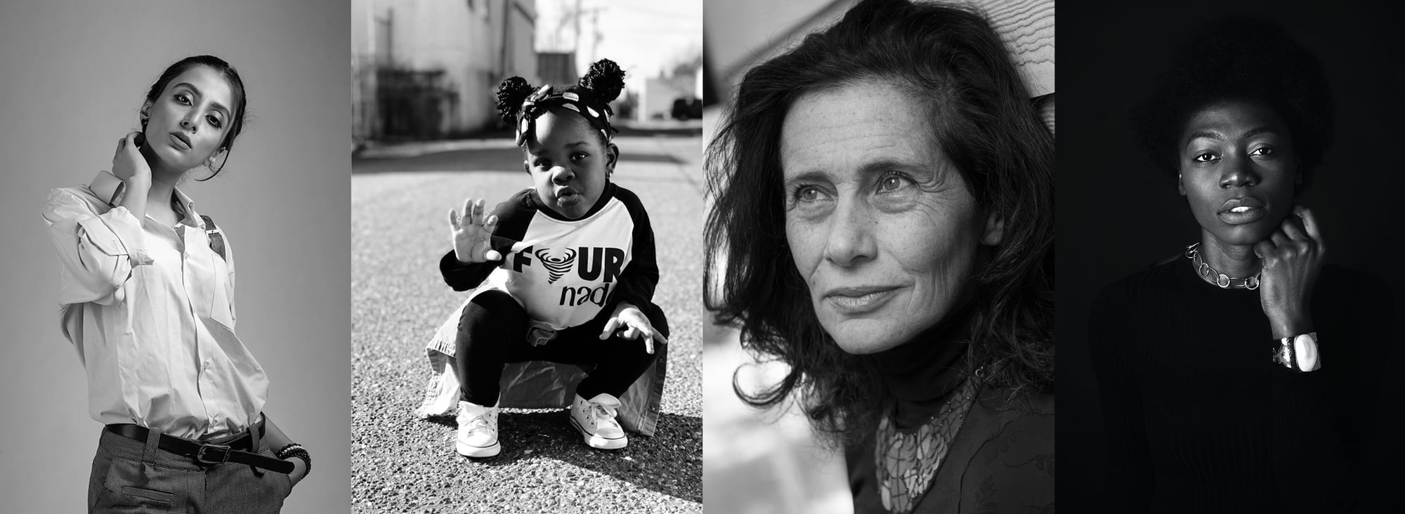 A four-panel black and white image collage of diverse women at The Londoner Hotel