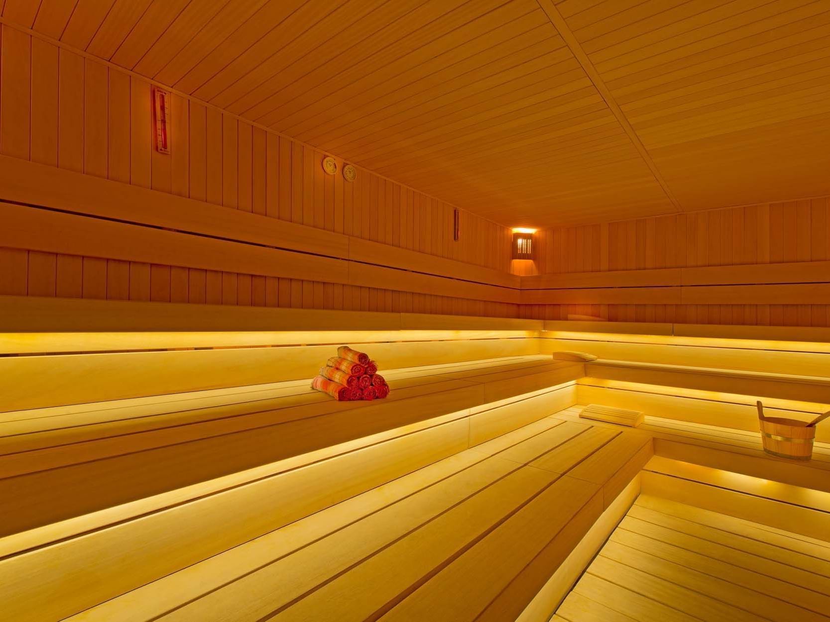Wooden finished sauna room with benches in BeFine Spa at Titanic Deluxe Lara