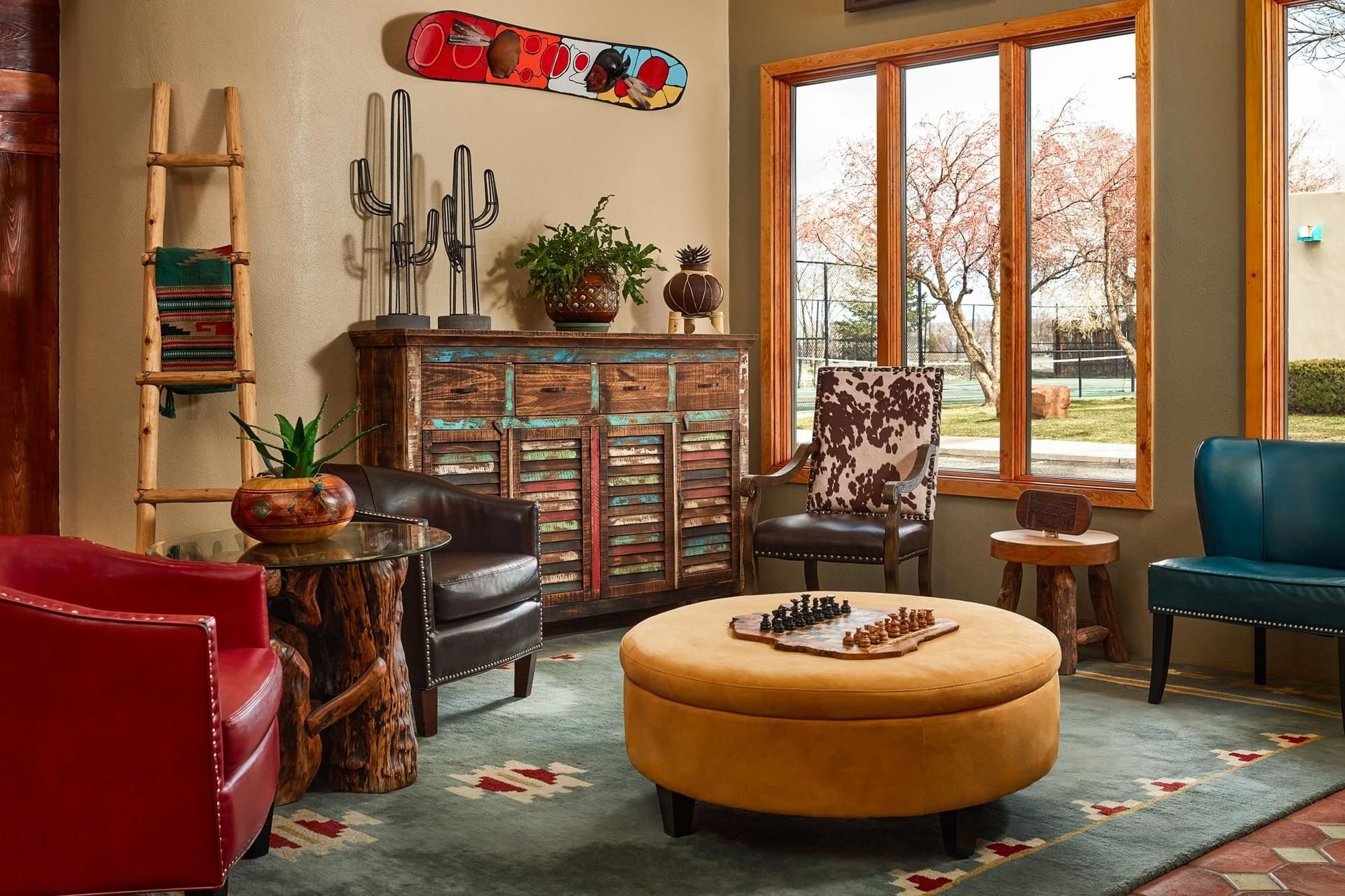 lobby seating area with New Mexico decor and chess set