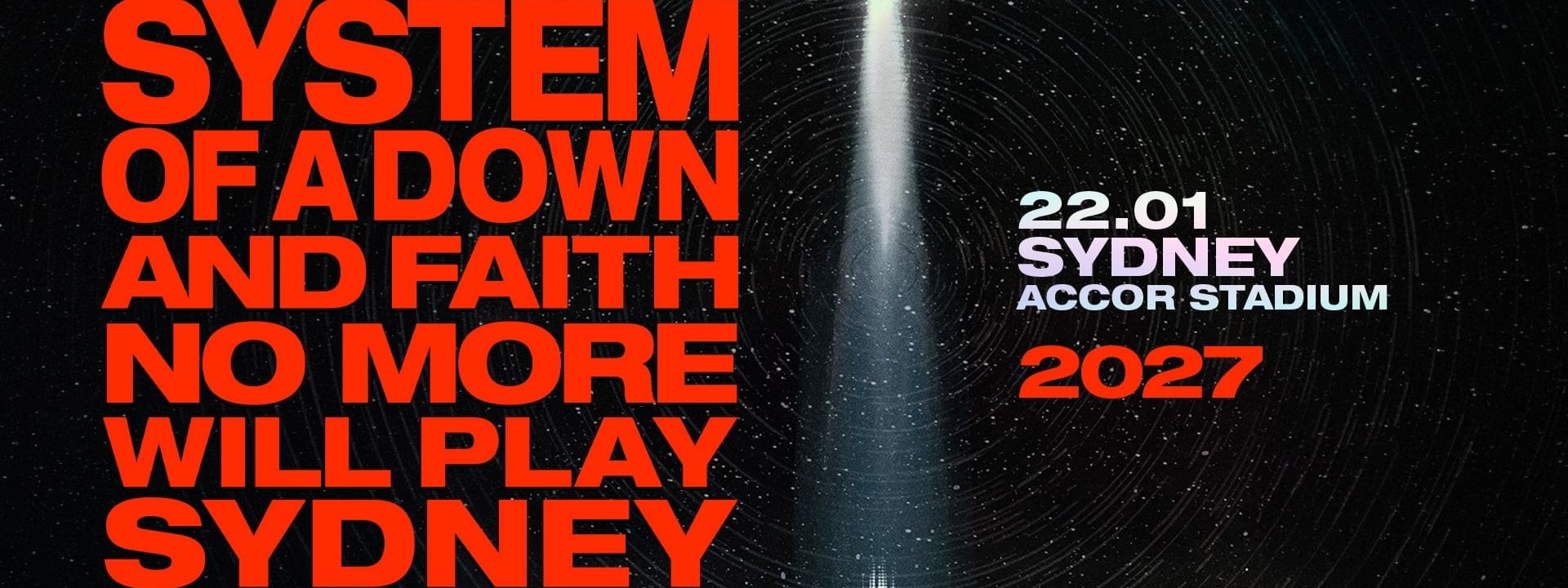 Concert promotional image showing a figure beneath a beam of light with event details for January 22, 2027 at Accor Stadium Sydney.