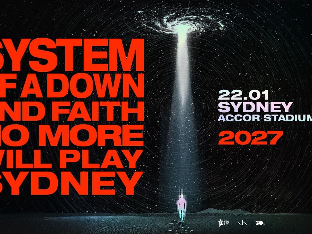 Concert promotional image showing a figure beneath a beam of light with bold red text announcing the event date and venue.