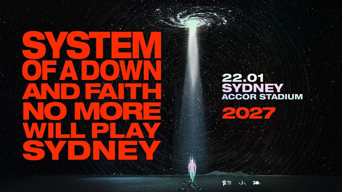 Concert promotional image showing a figure beneath a beam of light with bold red text announcing the event date and venue.