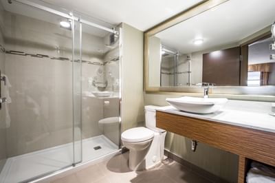 Guest bathroom with vanity and walk in shower.