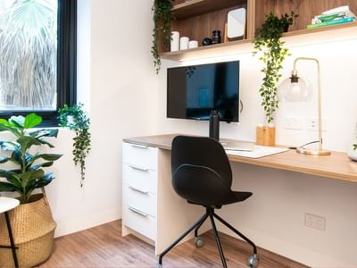 A stylish office space with a desk, chair, monitor, lamp, potted plants, and a shelf with items and a framed picture.