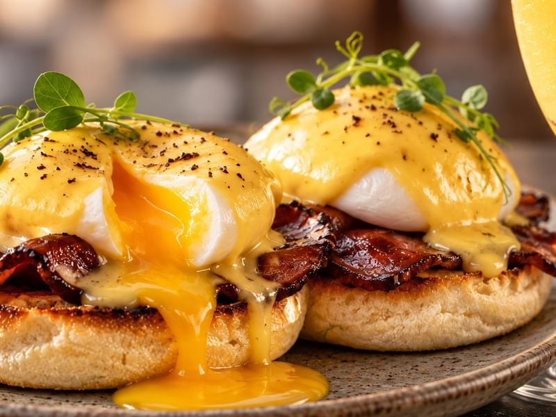 The Banjaran's signature eggs benedict breakfast with poached eggs, hollandaise sauce, bacon and microgreens for non-resident breakfast