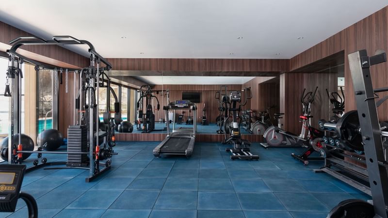 Modern gym featuring exercise equipment with wooden accents at Warwick Hotels and Resorts