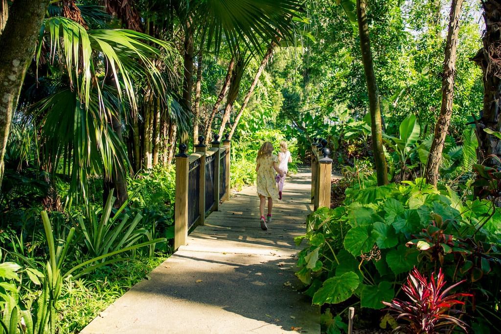 Two girls running on a path at Harry P. Leu Gardens near Lake Buena Vista Resort Village & Spa