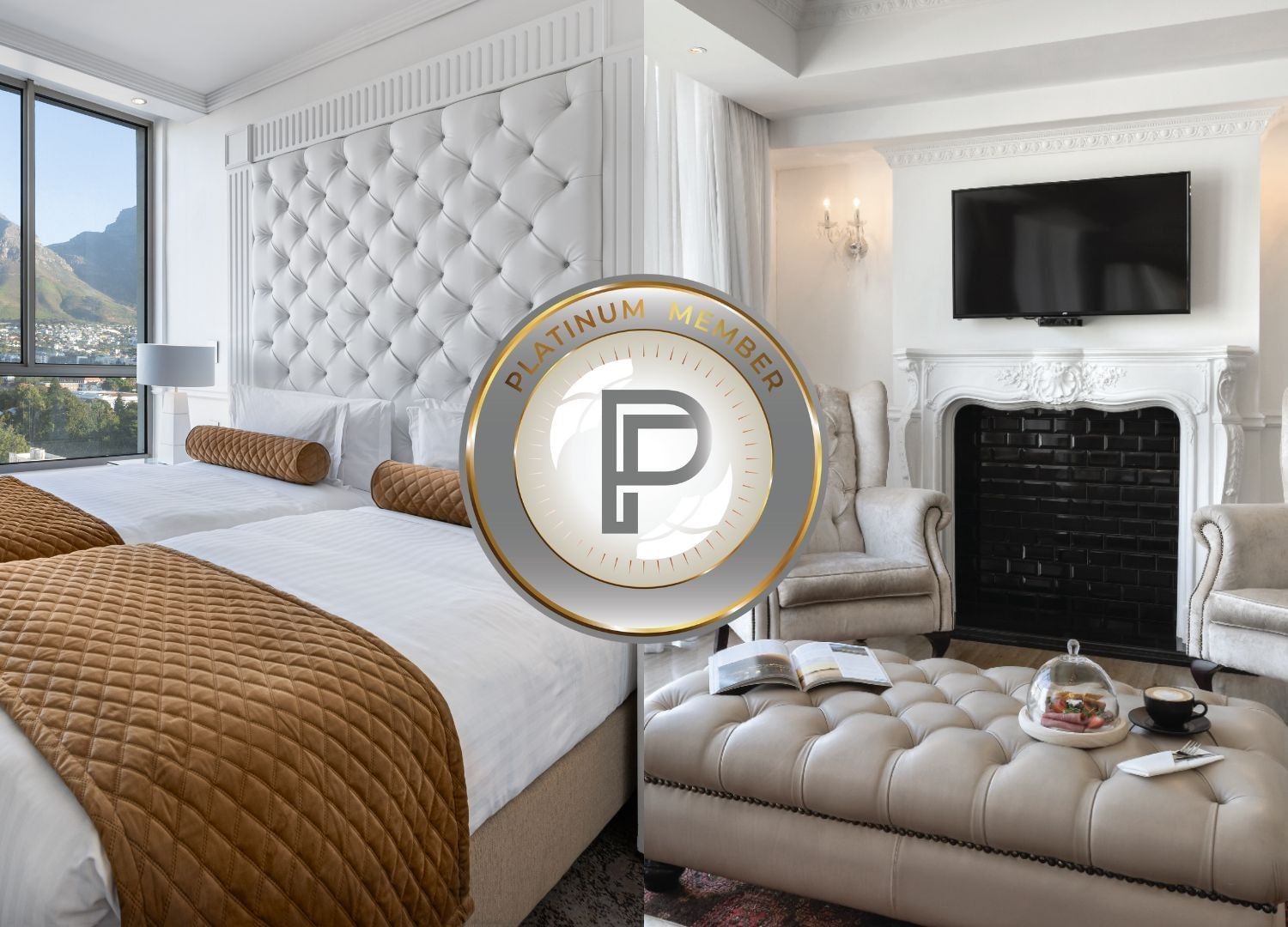 A two-panel image showing a bedroom and a living room with a platinum member badge for Pepperclub Hotel