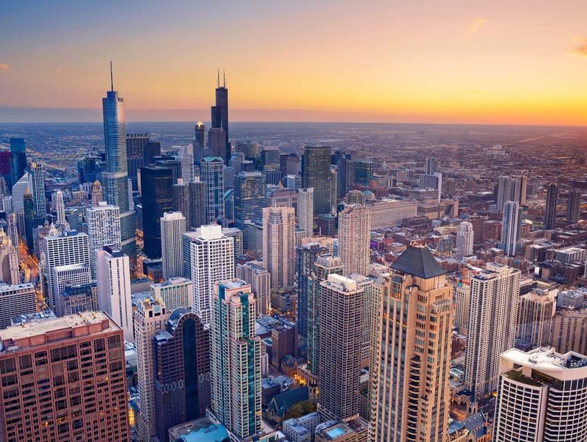 Aerial view of the city near The Godfrey Chicago