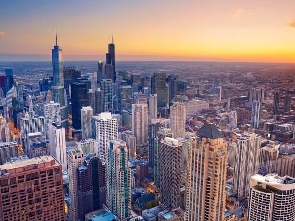 Aerial view of the city near The Godfrey Chicago