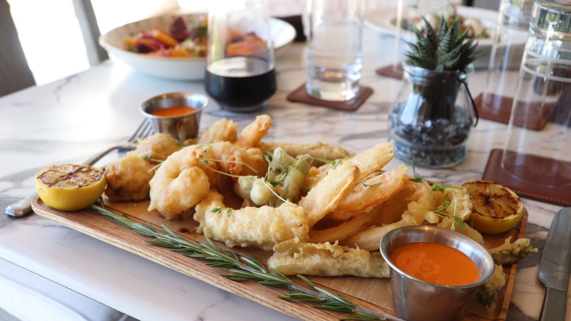 Fried shrimps served with sauces & dips in 1936 at Camp Creek Inn