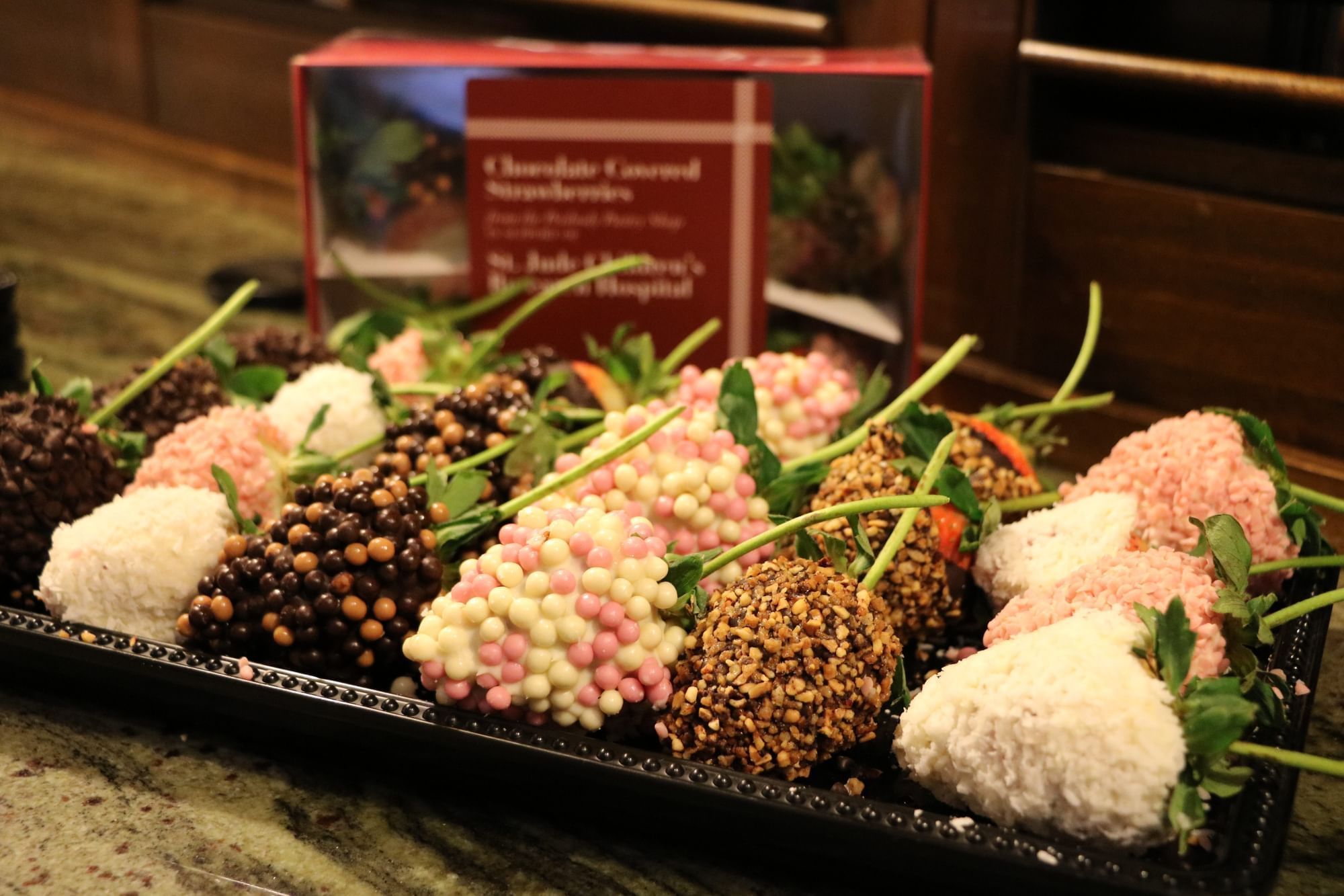 Closeup of strawberry shaped sweets at The Peabody Memphis