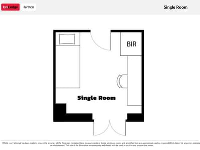 Floor plan of a single room with a bed at UniLodge Herston