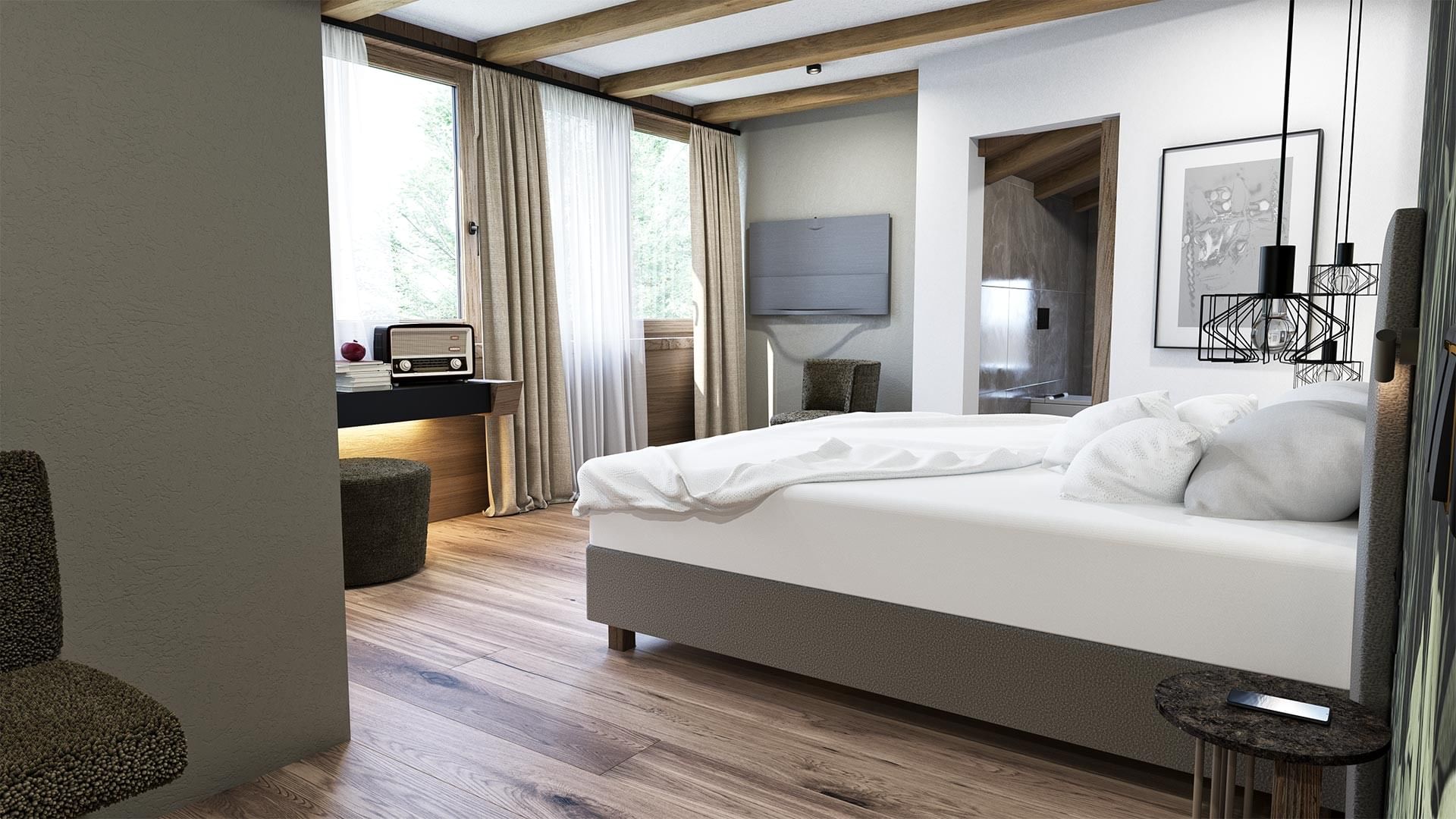 Geräumiges Schlafzimmer mit Holzboden, großem Bett, Nachttisch, Fernseher und angrenzendem Bad.