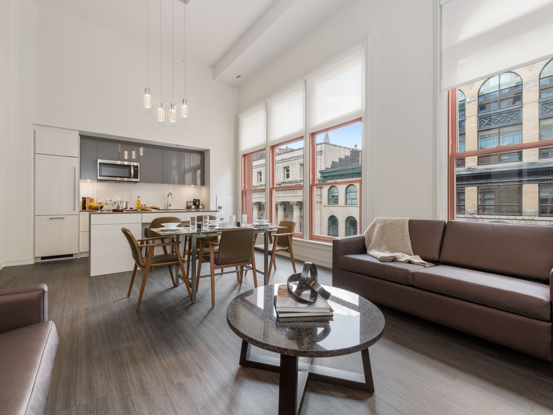 Heritage Loft living room & kitchen view at ReStays Ottawa