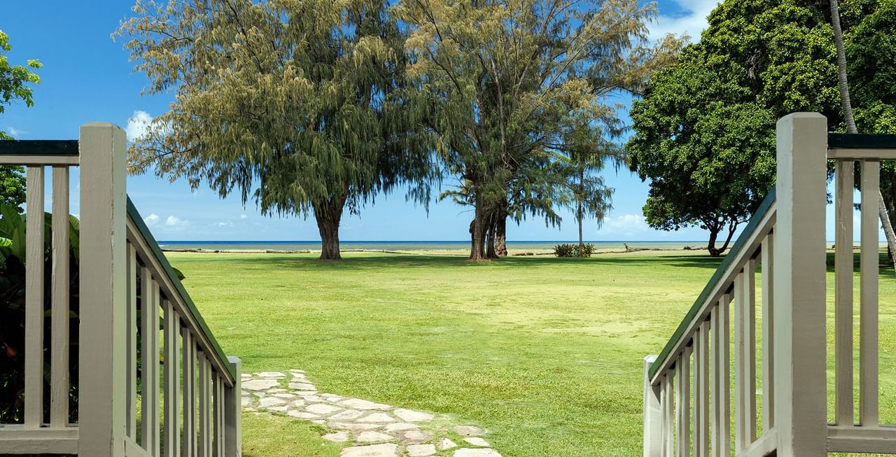 Stairs walking out to greenery and ocean view