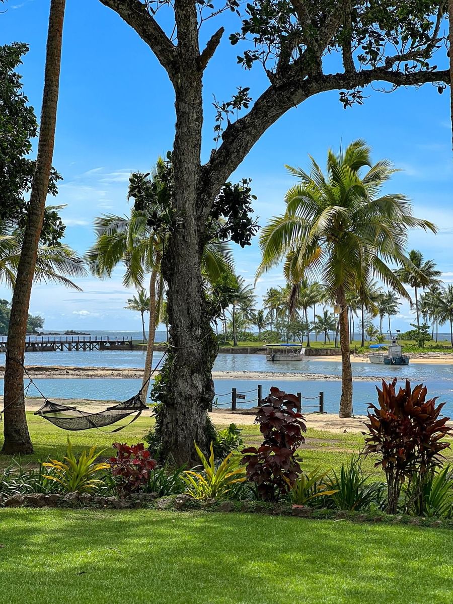 Hammock and lush greenery by the beach at The Naviti Resort - Fiji.