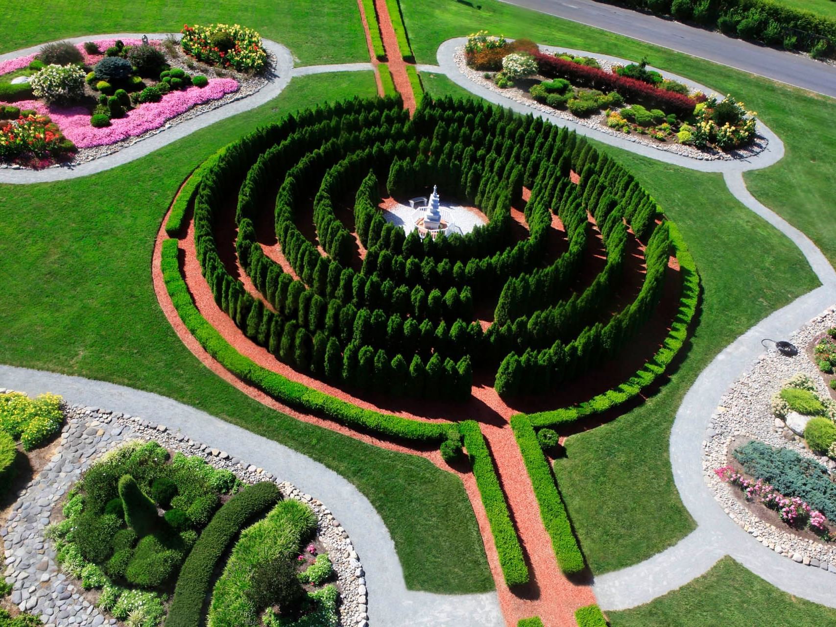 Aerial view of a landscaped garden near Honor’s Haven