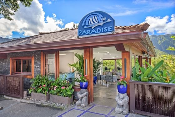 High angle view of the hotel entrance & sign board at Paradise Bay Resort